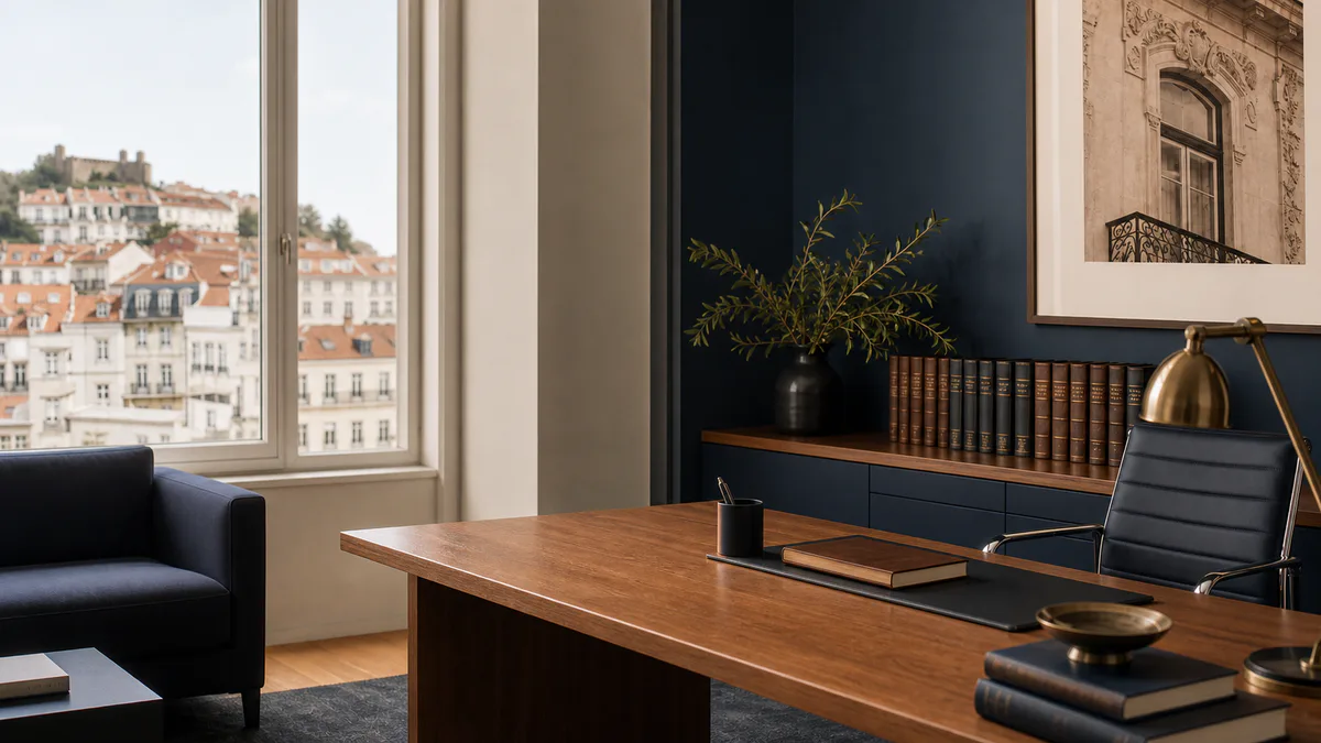 Exemplo visual de escritório Lisbon Legal Advisory com vista urbana de Lisboa